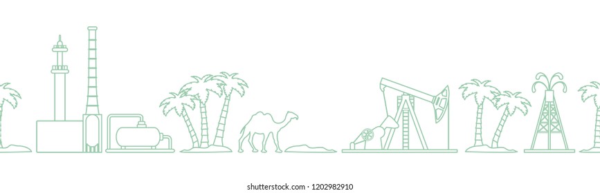 Vector seamless pattern with equipment for oil production, refinery plant, camel, palm trees. Heading or footer banner. Design for wrapping, fabric, poster or print.