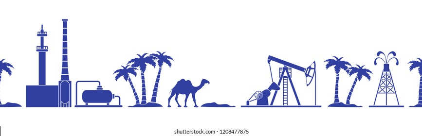 Vector seamless pattern with equipment for oil production, refinery plant, camel, palm trees. Heading or footer banner. Design for wrapping, fabric, poster or print.
