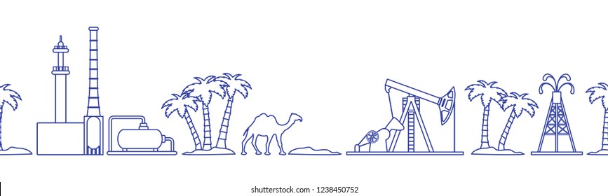 Vector seamless pattern with equipment for oil production, refinery plant, camel, palm trees. Heading or footer banner. Design for wrapping, fabric, poster or print.
