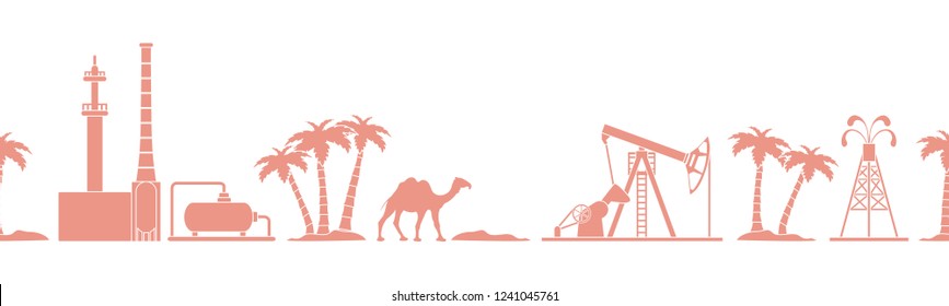 Vector seamless pattern with equipment for oil production, refinery plant, camel, palm trees. Heading or footer banner. Design for wrapping, fabric, poster or print.