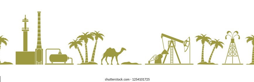 Vector seamless pattern with equipment for oil production, refinery plant, camel, palm trees. Heading or footer banner. Design for wrapping, fabric, poster or print.