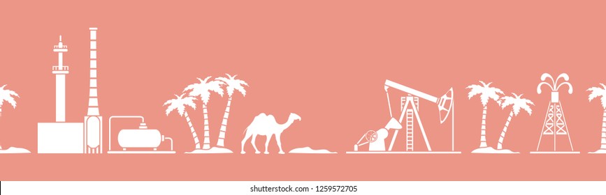 Vector seamless pattern with equipment for oil production, refinery plant, camel, palm trees. Heading or footer banner. Design for wrapping, fabric, poster or print.