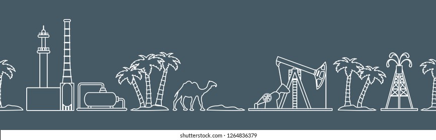 Vector seamless pattern with equipment for oil production, refinery plant, camel, palm trees. Heading or footer banner. Design for wrapping, fabric, poster or print.
