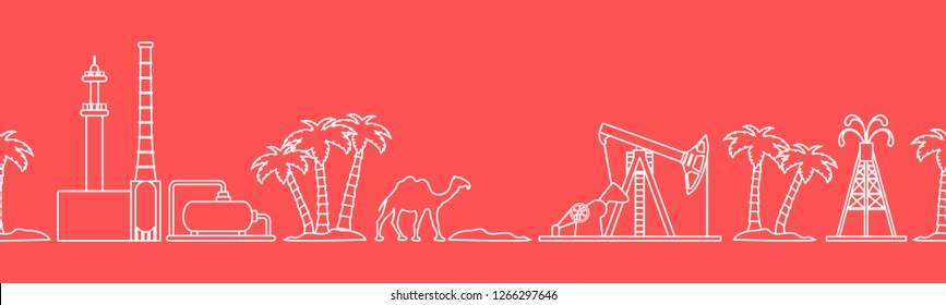 Vector seamless pattern with equipment for oil production, refinery plant, camel, palm trees. Heading or footer banner. Design for wrapping, fabric, poster or print.