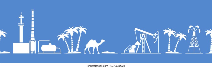 Vector seamless pattern with equipment for oil production, refinery plant, camel, palm trees. Heading or footer banner. Design for wrapping, fabric, poster or print.