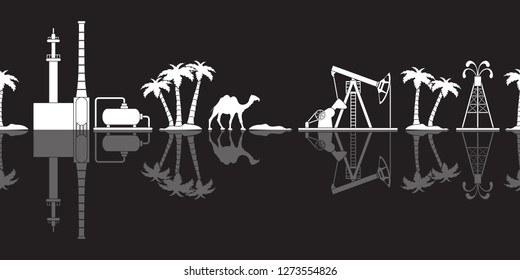 Vector seamless pattern with equipment for oil production, refinery plant, camel, palm trees. Heading or footer banner.