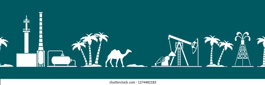 Vector seamless pattern with equipment for oil production, refinery plant, camel, palm trees. Heading or footer banner. Design for wrapping, fabric, poster or print.