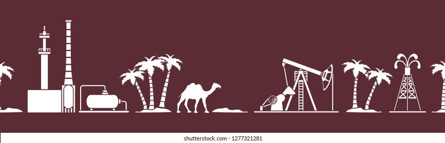 Vector seamless pattern with equipment for oil production, refinery plant, camel, palm trees. Heading or footer banner. Design for wrapping, fabric, poster or print.