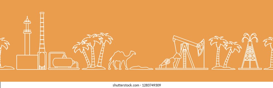 Vector seamless pattern with equipment for oil production, refinery plant, camel, palm trees. Heading or footer banner. Design for wrapping, fabric, poster or print.