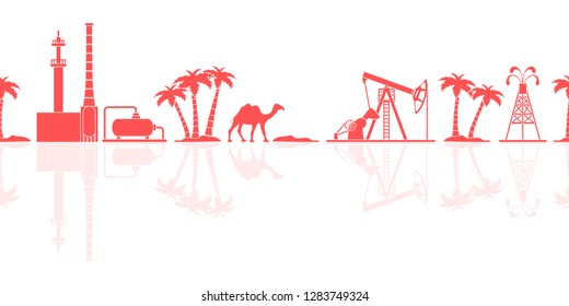 Vector seamless pattern with equipment for oil production, refinery plant, camel, palm trees. Heading or footer banner.