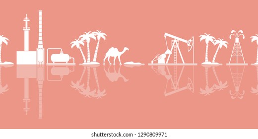 Vector seamless pattern with equipment for oil production, refinery plant, camel, palm trees. Heading or footer banner.
