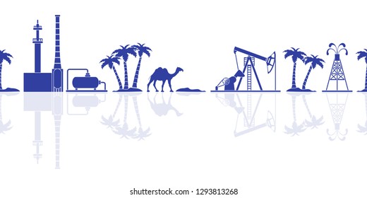 Vector seamless pattern with equipment for oil production, refinery plant, camel, palm trees. Heading or footer banner.