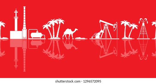 Vector seamless pattern with equipment for oil production, refinery plant, camel, palm trees. Heading or footer banner.