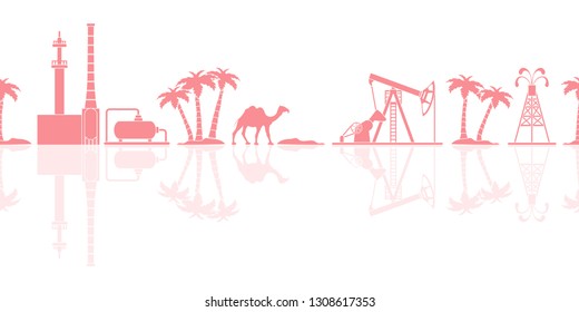 Vector seamless pattern with equipment for oil production, refinery plant, camel, palm trees. Heading or footer banner.