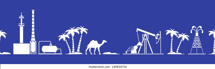 Vector seamless pattern with equipment for oil production, refinery plant, camel, palm trees. Heading or footer banner. Design for wrapping, fabric, poster or print.