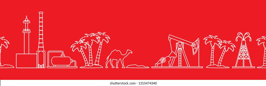 Vector seamless pattern with equipment for oil production, refinery plant, camel, palm trees. Heading or footer banner. Design for wrapping, fabric, poster or print.