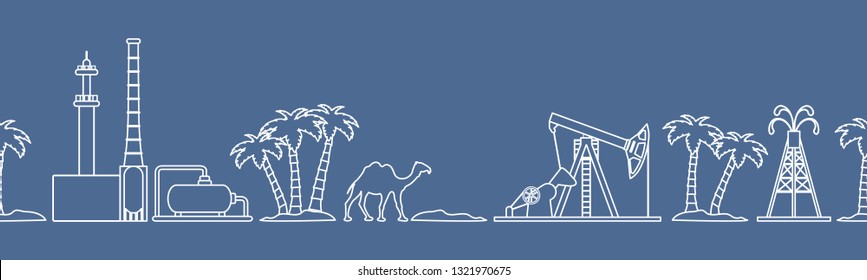 Vector seamless pattern with equipment for oil production, refinery plant, camel, palm trees. Heading or footer banner. Design for wrapping, fabric, poster or print.
