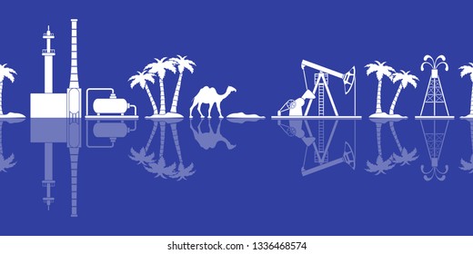 Vector seamless pattern with equipment for oil production, refinery plant, camel, palm trees. Heading or footer banner.