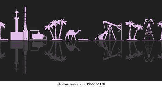 Vector seamless pattern with equipment for oil production, refinery plant, camel, palm trees. Heading or footer banner.