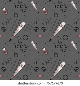 Vector seamless pattern of equipment for permanent make-up. Used for backgrounds on the site, business cards, wallpaper, textiles.