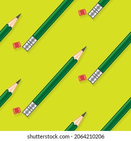 Vector seamless pattern of eraser is broken or fell out of pencil, learning, drawing, writing, texture design, illustrarion serface, isolated on green background, Happy back to school concept.