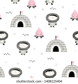 Vector seamless pattern with Eskimos, fire and needle. Alaska. Scandi style. Children print. Wildlife
