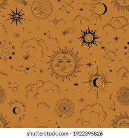Vector seamless pattern with esoteric mystical elements. Magic sun, moon, stars, clouds and constellations. Trendy background for design of fabric, package, astrology, yoga mat, phone case.