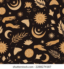 Vector seamless pattern. Esoteric, mystical dark background with celestial bodies, flowers, palms. 