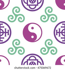 Vector seamless pattern with esoteric,hinduism,buddhism symbols. Yin-yang,Yantra,threefold spiral