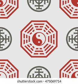 Vector seamless pattern with esoteric,hinduism,buddhism symbols. Yin-yang,Bagua,trigram signs