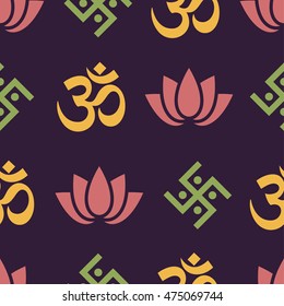 Vector seamless pattern with esoteric,hinduism,buddhism symbols