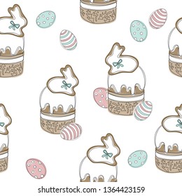 Vector seamless pattern with Ester cake, bunnies and eggs.