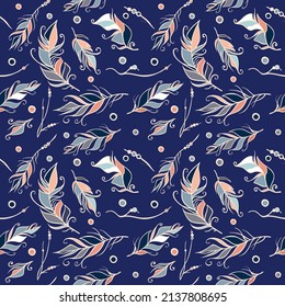 Vector seamless pattern with ethnic abstract feathers. Tribal Feathers background. Vintage seamless pattern with hand-drawn feathers. Dark background pattern