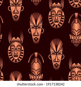 Vector seamless pattern with ethnic African masks on a dark background 