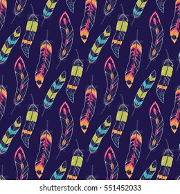 Vector seamless pattern with ethnic colorful feathers. Boho style