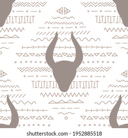 Vector seamless pattern with ethnic design and bull. Trendy colors for burger package, menu