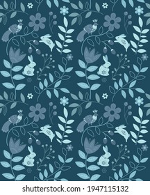 patrón vectorial sin fisuras de elementos étnicos florales conejos y pájaro de color azul fondo oscuro, esquema de color frío invernal