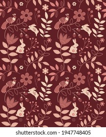 patrón vectorial sin fisuras de elementos étnicos florales conejos y pájaro en color naranja y marrón fondo oscuro, esquema de color de otoño