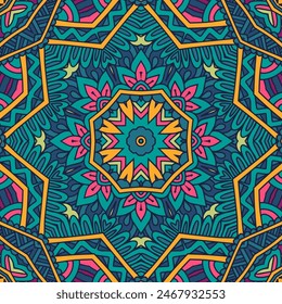 Vector seamless pattern ethnic flower sun mandala. Aztec design with colorful ornament. Florals and doodles