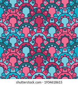 vector seamless pattern with ethnic flowers purple and green-blue color scheme, aggressive and psychedelic colours