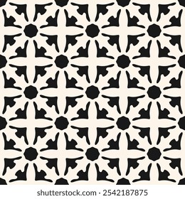 Vector seamless pattern with ethnic folk motifs. Simple floral geometric ornament. Black and white background texture with grid, flower silhouettes, diamond shapes. Repeat geo design for decor, print