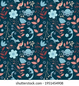 vector seamless pattern of ethnic foxes, bird and nature in orange and blue palette, dark blue background