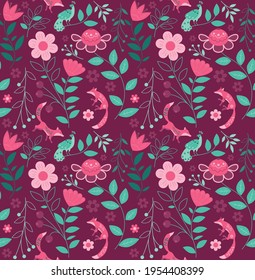 vector seamless pattern of ethnic foxes, bird and nature in pinkl and green palette, dark pink background