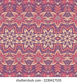 Vector seamless pattern Ethnic geometric line art print with ornaments. vintage wallpaper ans carpet design boho natural muted pink and purple colors.