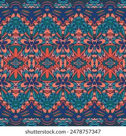 Vector seamless pattern Ethnic geometric and floral color print ornamental background vintage abstract butterfly  design.