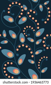 vector seamless pattern with ethnic leafs and ornaments in blue and orange colours