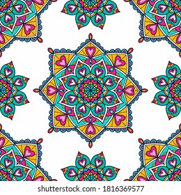 Vector seamless pattern with ethnic mandala. Tribal background with hand drawn doodle ornaments. Color elements on white backround.