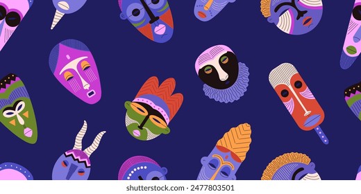 Vector seamless pattern with ethnic masks of an African tribe with bright multicolored patterns and drawings on a clear blue background. Ideal for decorative prints