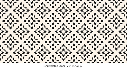 Vetor padrão sem emenda com motivo étnico. Ornamento folclórico geométrico moderno. Textura de fundo simples abstrata em preto e branco com formas de grade e flor. Projeto geográfico repetido para tecido, tecido