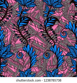 Vector seamless pattern with ethnic motives and floral elements. Zen doodle print. Perfectly for wrapping paper, bed linen, textile, fabric, cover, wallpaper, fashion, kids clothing, bedding, interior